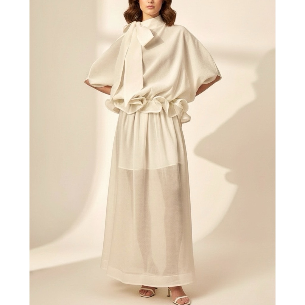 Miss Rosier Honorine Oversized Bow Ruffle Maxi Dress, Cream, Medium